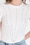 Kadın Tişört-Ekru Bisiklet Yaka Taş İşleme Detaylı Slim Fit Crop Tişört 1149-rulem