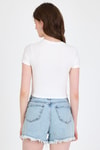 Kadın Tişört-Ekru Bisiklet Yaka Taş İşleme Detaylı Slim Fit Crop Tişört 1149-rulem
