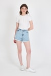 Kadın Tişört-Ekru Bisiklet Yaka Taş İşleme Detaylı Slim Fit Crop Tişört 1149-rulem