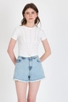 Kadın Tişört-Ekru Bisiklet Yaka Taş İşleme Detaylı Slim Fit Crop Tişört 1149-rulem