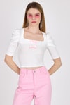Kadın Tişört-Ekru Kare Yaka Fiyonk DetaylI Crop Bluz 1349-rulem