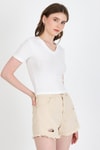 Kadın Tişört-Ekru Taş İşleme Detaylı V Yaka Slim Fit Tişört 0949-rulem