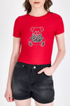 Kadın Tişört-Kırmızı Ayıcık Baskılı Leopar Detaylı Slim Fit Crop Tişört 0549-rulem