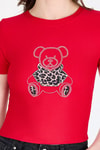Kadın Tişört-Kırmızı Ayıcık Baskılı Leopar Detaylı Slim Fit Crop Tişört 0549-rulem