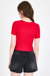 Kadın Tişört-Kırmızı Ayıcık Baskılı Leopar Detaylı Slim Fit Crop Tişört 0549-rulem