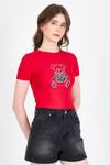 Kadın Tişört-Kırmızı Ayıcık Baskılı Leopar Detaylı Slim Fit Crop Tişört 0549-rulem