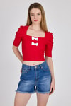 Kadın Tişört-Kırmızı Kare Yaka Fiyonk Detaylı Crop Bluz 1349-rulem