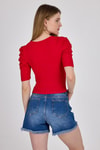 Kadın Tişört-Kırmızı Kare Yaka Fiyonk Detaylı Crop Bluz 1349-rulem