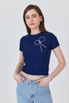 Kadın Tişört-Laci İnci Kurdele İşlemeli Crop Slim Fit Tişört 2229-rulem