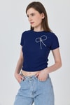 Kadın Tişört-Laci İnci Kurdele İşlemeli Crop Slim Fit Tişört 2229-rulem