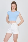 Kadın Tişört-Mavi Bisiklet Yaka Pamuklu Slim Fit Crop Tişört 9199M-rulem