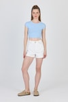 Kadın Tişört-Mavi Bisiklet Yaka Pamuklu Slim Fit Crop Tişört 9199M-rulem