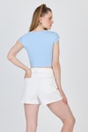 Kadın Tişört-Mavi Bisiklet Yaka Pamuklu Slim Fit Crop Tişört 9199M-rulem