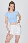 Kadın Tişört-Mavi Bisiklet Yaka Pamuklu Slim Fit Crop Tişört 9199M-rulem