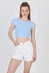 Kadın Tişört-Mavi Bisiklet Yaka Pamuklu Slim Fit Crop Tişört 9199M-rulem