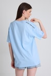 Kadın Tişört-Mavi Omuz Yazı Baskılı %100 Pamuk Oversize Tişört 2150-30M-rulem