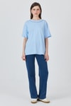 Kadın Tişört-Mavi Yaka Yazı Baskılı Oversize Pamuklu Tişört 2150-34M-rulem