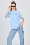 Kadın Tişört-Mavi Yazı Baskılı %100 Pamuk Oversize Tişört 2150-3M-rulem
