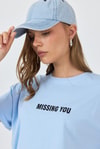 Kadın Tişört-Mavi Yazı Baskılı Pamuklu Oversize Tişört 2150-6M-rulem