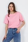 Kadın Tişört-Pembe Bisiklet Yaka %100 Pamuk Relaxed Fit Tişört 2142M-rulem