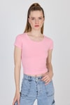 Kadın Tişört-Pembe Bisiklet Yaka Basic Crop Tişört 9200M-rulem