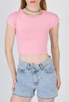 Kadın Tişört-Pembe Bisiklet Yaka Pamuklu Slim Fit Crop Tişört 9199M-rulem