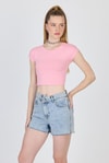 Kadın Tişört-Pembe Bisiklet Yaka Pamuklu Slim Fit Crop Tişört 9199M-rulem