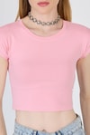 Kadın Tişört-Pembe Bisiklet Yaka Pamuklu Slim Fit Crop Tişört 9199M-rulem