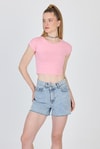 Kadın Tişört-Pembe Bisiklet Yaka Pamuklu Slim Fit Crop Tişört 9199M-rulem