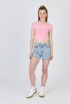 Kadın Tişört-Pembe Bisiklet Yaka Pamuklu Slim Fit Crop Tişört 9199M-rulem