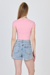 Kadın Tişört-Pembe Bisiklet Yaka Pamuklu Slim Fit Crop Tişört 9199M-rulem