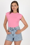 Kadın Tişört-Pembe Bisiklet Yaka Pamuklu Slim Fit Tişört 3050-rulem