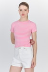 Kadın Tişört-Pembe Çizgili Pamuklu Crop Tişört 4014-rulem
