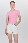 Kadın Tişört-Pembe Çizgili Pamuklu Crop Tişört 4014-rulem