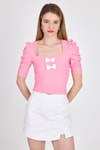 Kadın Tişört-Pembe Kare Yaka Fiyonk Detaylı Crop Bluz 1349-rulem