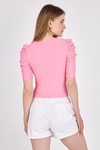 Kadın Tişört-Pembe Kare Yaka Fiyonk Detaylı Crop Bluz 1349-rulem