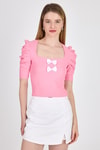 Kadın Tişört-Pembe Kare Yaka Fiyonk Detaylı Crop Bluz 1349-rulem
