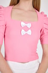 Kadın Tişört-Pembe Kare Yaka Fiyonk Detaylı Crop Bluz 1349-rulem