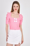 Kadın Tişört-Pembe Kare Yaka Fiyonk Detaylı Crop Bluz 1349-rulem