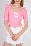 Kadın Tişört-Pembe Kare Yaka Fiyonk Detaylı Crop Bluz 1349-rulem