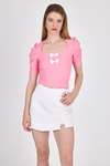 Kadın Tişört-Pembe Kare Yaka Fiyonk Detaylı Crop Bluz 1349-rulem