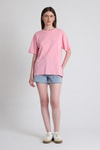 Kadın Tişört-Pembe Omuz Yazı Baskılı %100 Pamuk Oversize Tişört 2150-30M-rulem
