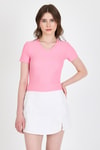Kadın Tişört-Pembe Taş İşleme Detaylı V Yaka Slim Fit Tişört 0949-rulem
