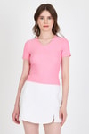 Kadın Tişört-Pembe Taş İşleme Detaylı V Yaka Slim Fit Tişört 0949-rulem