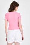 Kadın Tişört-Pembe Taş İşleme Detaylı V Yaka Slim Fit Tişört 0949-rulem