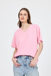 Kadın Tişört-Pembe V Yaka %100 Pamuk Comfort Fit Tişört 2143M-rulem