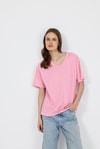 Kadın Tişört-Pembe V Yaka %100 Pamuk Comfort Fit Tişört 2143M-rulem