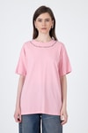 Kadın Tişört-Pembe Yaka Yazı Baskılı Oversize Pamuklu Tişört 2150-34M-rulem