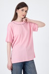 Kadın Tişört-Pembe Yaka Yazı Baskılı Oversize Pamuklu Tişört 2150-34M-rulem
