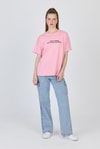 Kadın Tişört-Pembe Yazı Baskılı %100 Pamuk Oversize Tişört 2150-8M-rulem